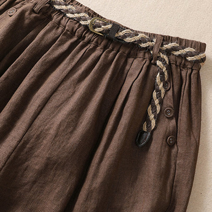 Buddha Stones Short décontracté en coton et lin pour femme avec poches, couleur unie, revers, ceinture