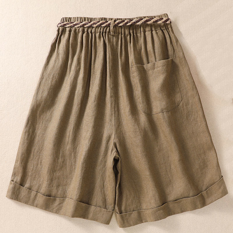 Buddha Stones Short décontracté en coton et lin pour femme avec poches, couleur unie, revers, ceinture