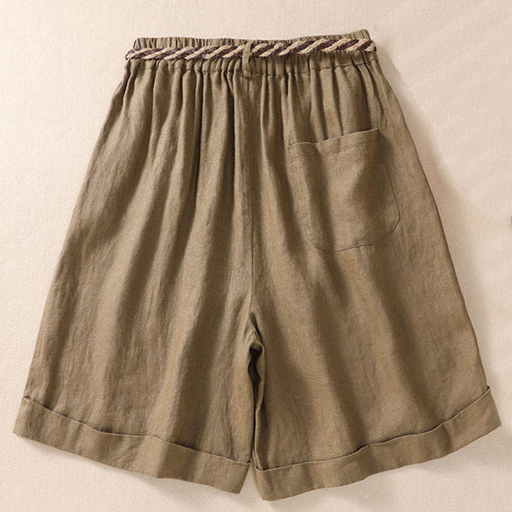 Buddha Stones Short décontracté en coton et lin pour femme avec poches, couleur unie, revers, ceinture