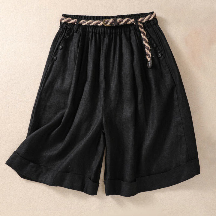 Buddha Stones Short décontracté en coton et lin pour femme avec poches, couleur unie, revers, ceinture - Noir - US8-10，UK/AU12-14，EU40-42 (2XL) - image 8