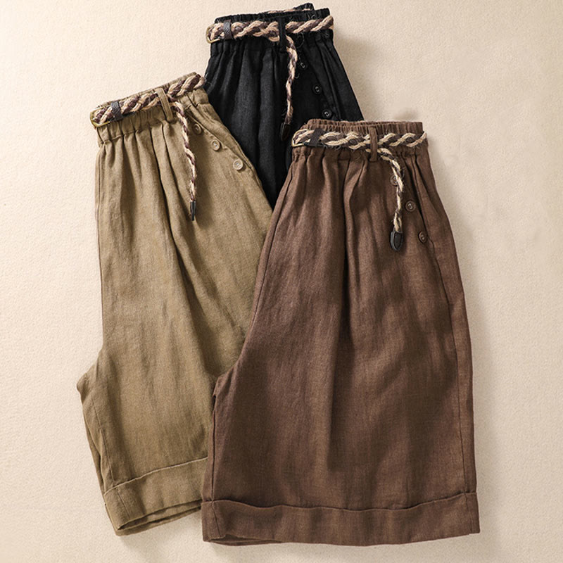 Buddha Stones Short décontracté en coton et lin pour femme avec poches, couleur unie, revers, ceinture - image 18