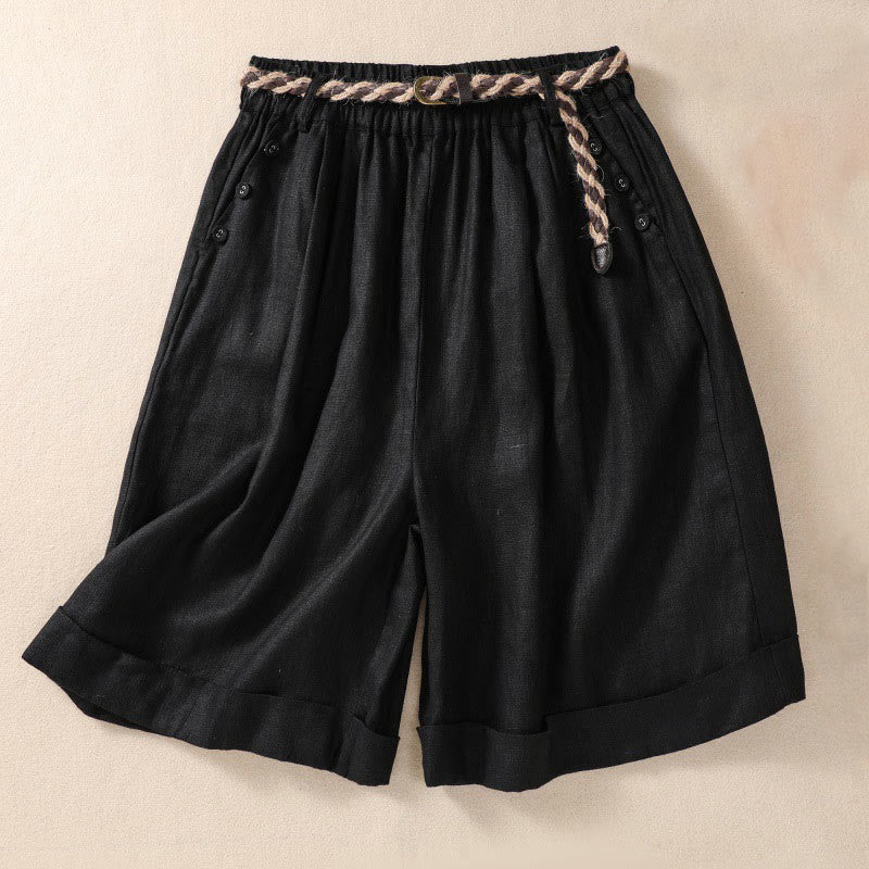 Buddha Stones Short décontracté en coton et lin pour femme avec poches, couleur unie, revers, ceinture
