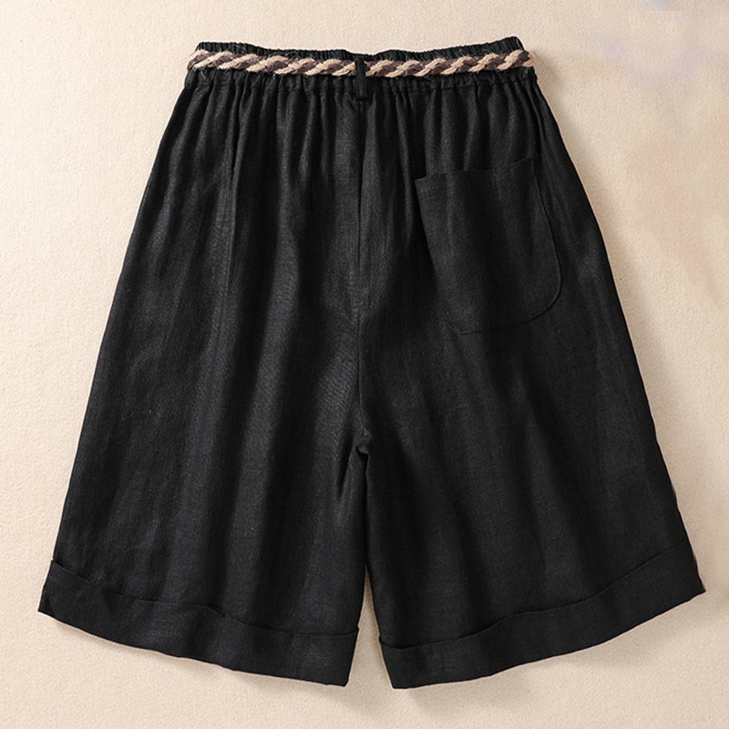 Buddha Stones Short décontracté en coton et lin pour femme avec poches, couleur unie, revers, ceinture