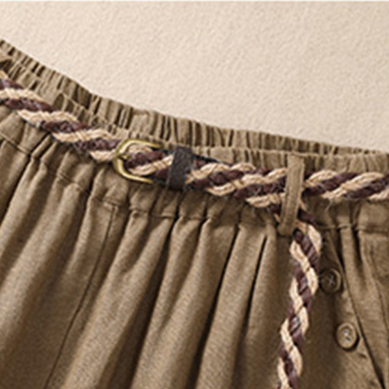 Buddha Stones Short décontracté en coton et lin pour femme avec poches, couleur unie, revers, ceinture