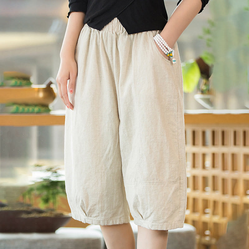 Short décontracté en coton ramie uni avec poches pour femme Buddha Stones