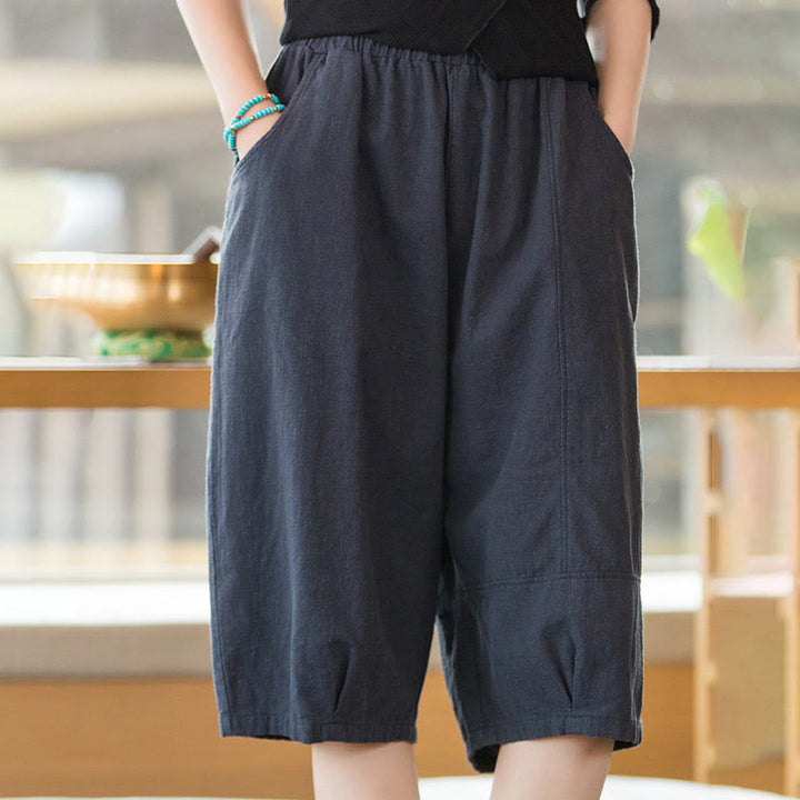 Short décontracté en coton ramie uni avec poches pour femme Buddha Stones