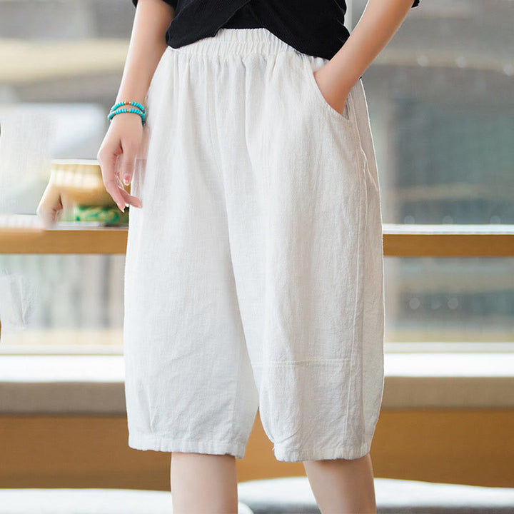Short décontracté en coton ramie uni avec poches pour femme Buddha Stones
