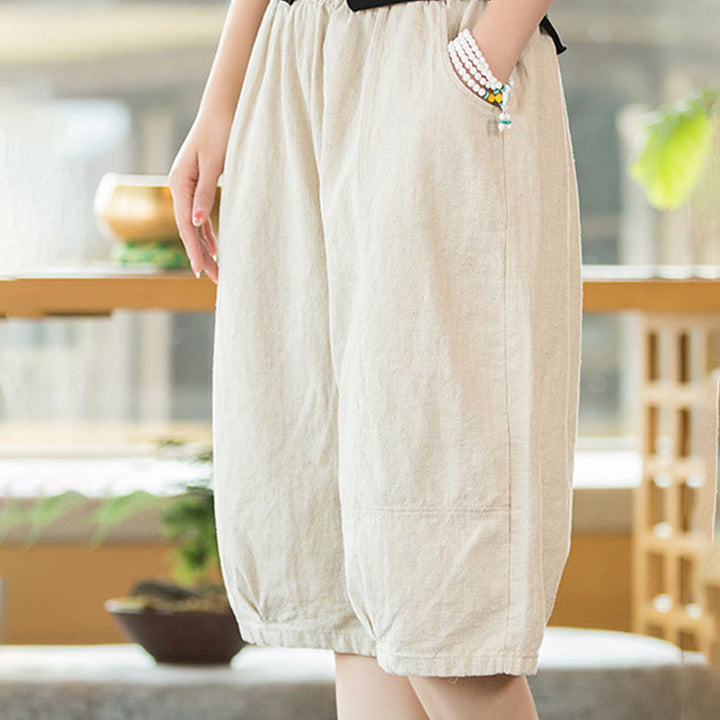 Short décontracté en coton ramie uni avec poches pour femme Buddha Stones