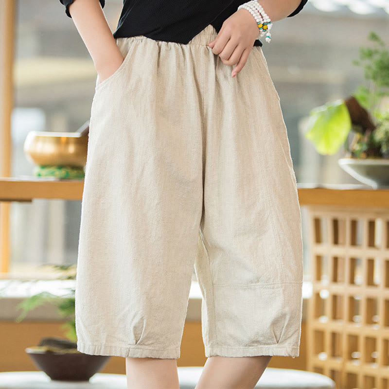Short décontracté en coton ramie uni avec poches pour femme Buddha Stones