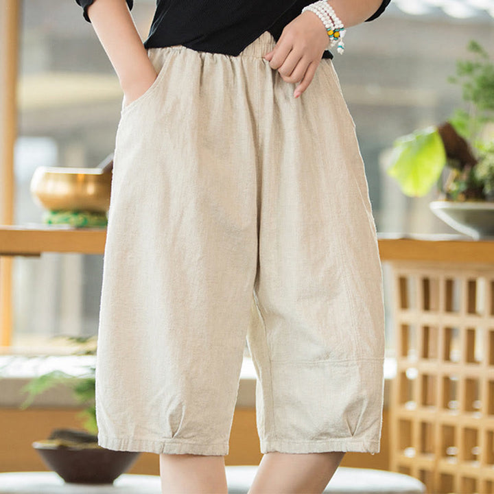Short décontracté en coton ramie uni avec poches pour femme Buddha Stones
