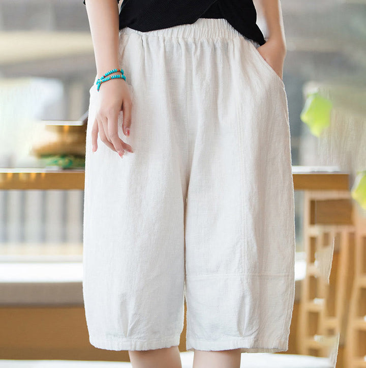 Short décontracté en coton ramie uni avec poches pour femme Buddha Stones