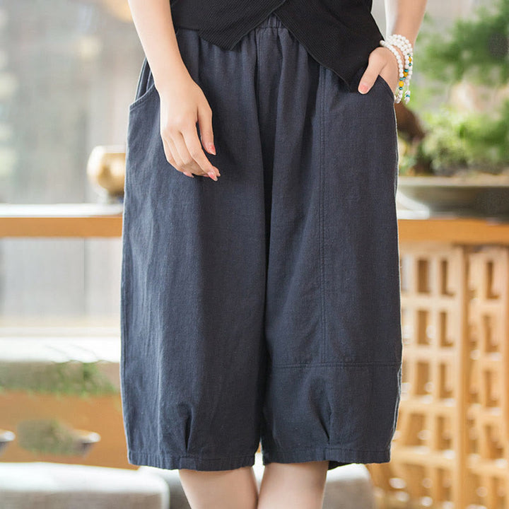 Short décontracté en coton ramie uni avec poches pour femme Buddha Stones