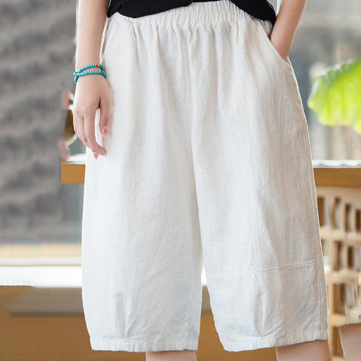 Short décontracté en coton ramie uni avec poches pour femme Buddha Stones