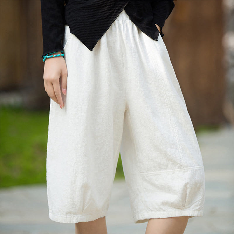 Short décontracté en coton ramie uni avec poches pour femme Buddha Stones
