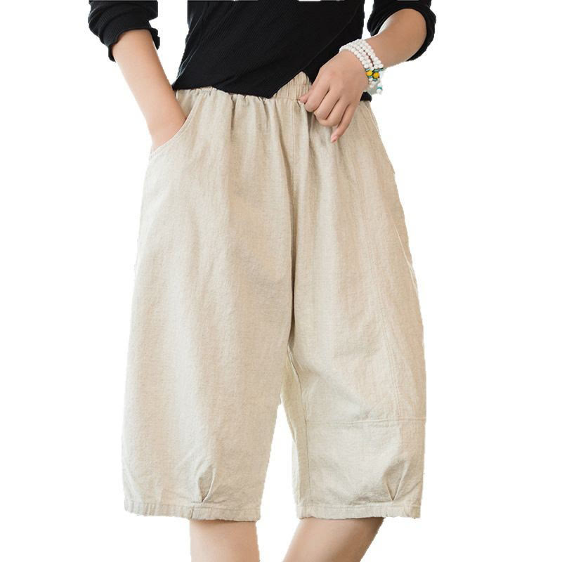 Short décontracté en coton ramie uni avec poches pour femme Buddha Stones