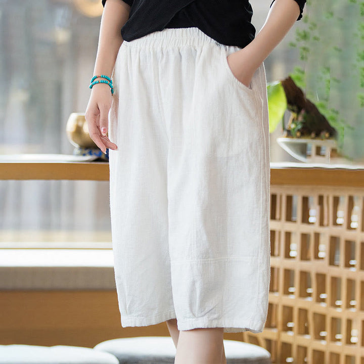 Short décontracté en coton ramie uni avec poches pour femme Buddha Stones