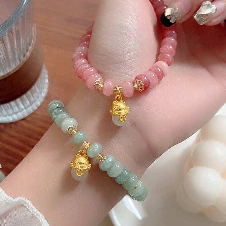 Bracelet de guérison en perles de chat porte-bonheur en jade cyan et quartz fraise de Buddha Stones - image 19