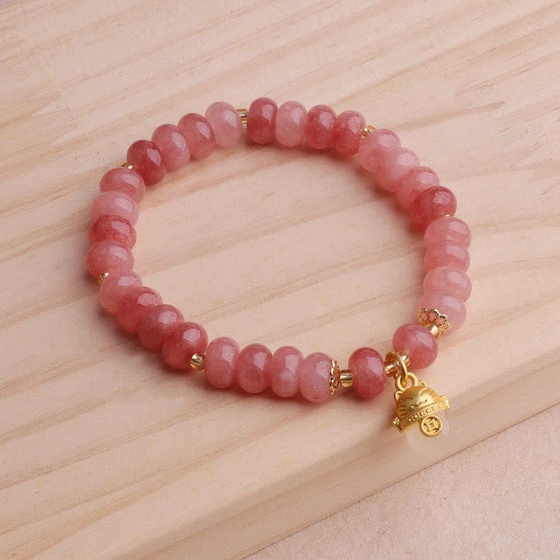 Bracelet de guérison en perles de chat porte-bonheur en jade cyan et quartz fraise de Buddha Stones - image 7