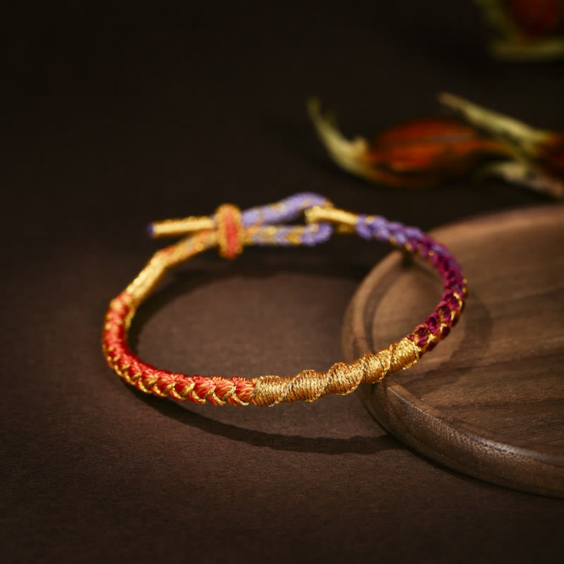 Bracelet tressé de protection en fil d'or coloré tibétain avec Buddha Stones et nœud en écailles de dragon