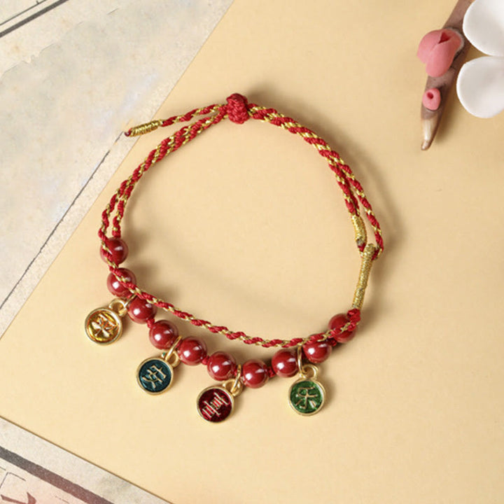 Bracelet tressé réglable avec Buddha Stones en cinabre, paix et joie, cordon rouge