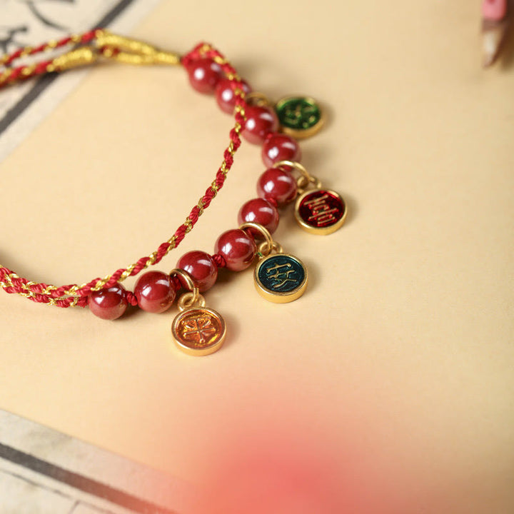 Bracelet tressé réglable avec Buddha Stones en cinabre, paix et joie, cordon rouge