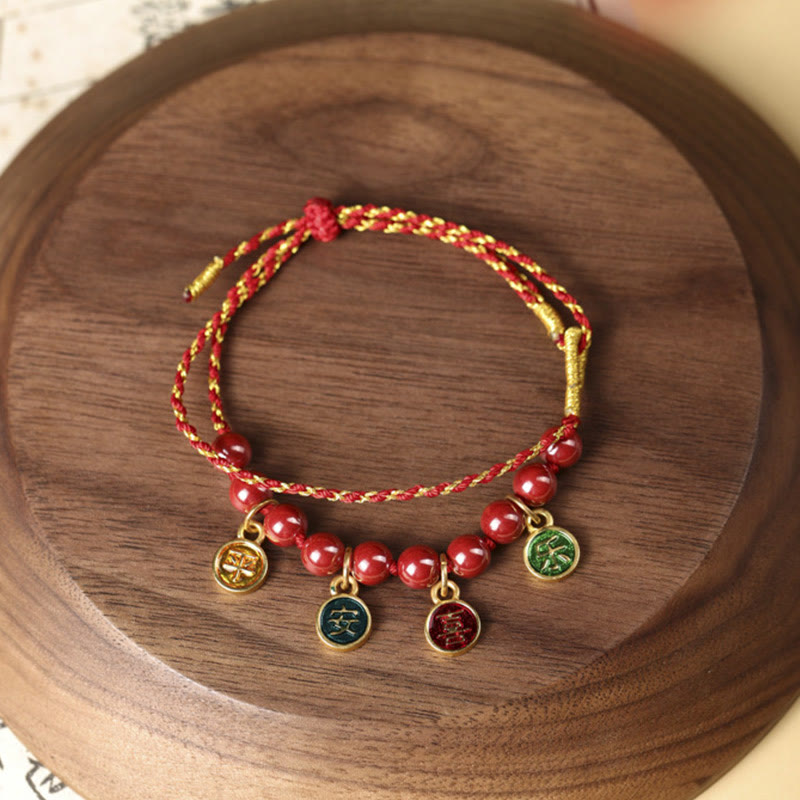 Bracelet tressé réglable avec Buddha Stones en cinabre, paix et joie, cordon rouge