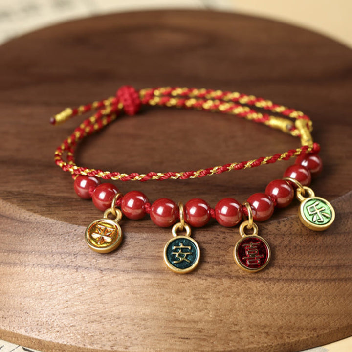 Bracelet tressé réglable avec Buddha Stones en cinabre, paix et joie, cordon rouge