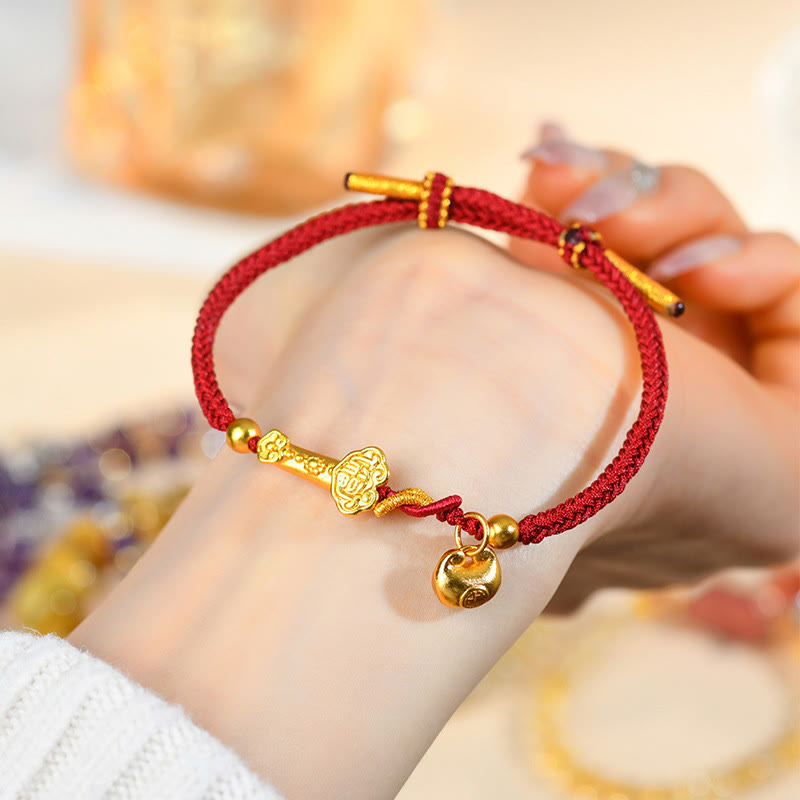 Bracelet tressé porte-bonheur en lingot de caractères Fu et de Buddha Stones avec ficelle rouge