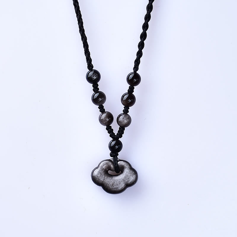 Collier pendentif apaisant en obsidienne argentée naturelle Buddha Stones et nuages de bon augure