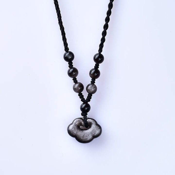Collier pendentif apaisant en obsidienne argentée naturelle Buddha Stones et nuages de bon augure