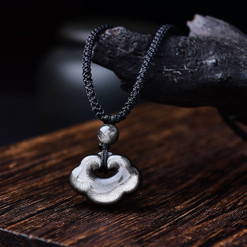Collier pendentif apaisant en obsidienne argentée naturelle Buddha Stones et nuages de bon augure