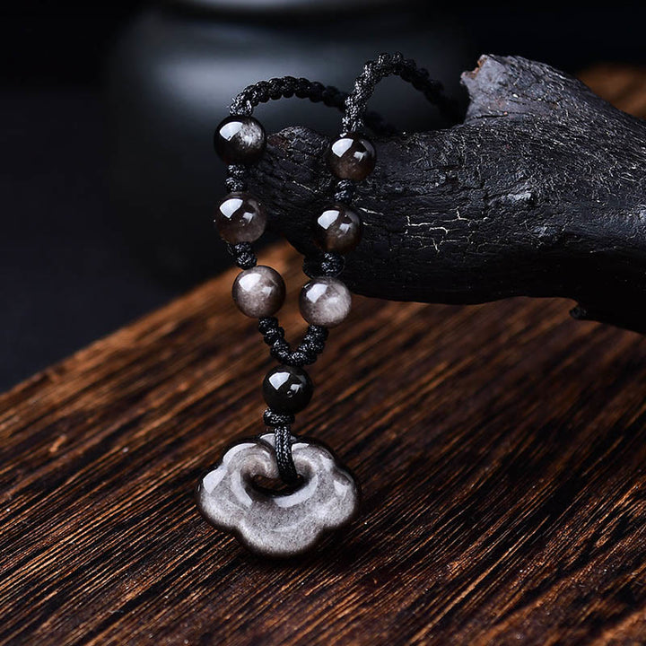 Collier pendentif apaisant en obsidienne argentée naturelle Buddha Stones et nuages de bon augure