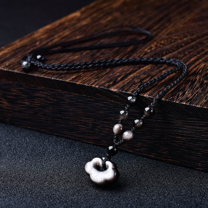 Collier pendentif apaisant en obsidienne argentée naturelle Buddha Stones et nuages de bon augure