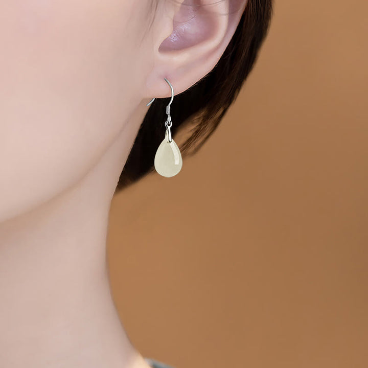 Boucles d'oreilles pendantes en argent sterling 925 avec Buddha Stones et jade, motif goutte d'eau, porte-bonheur et prospérité