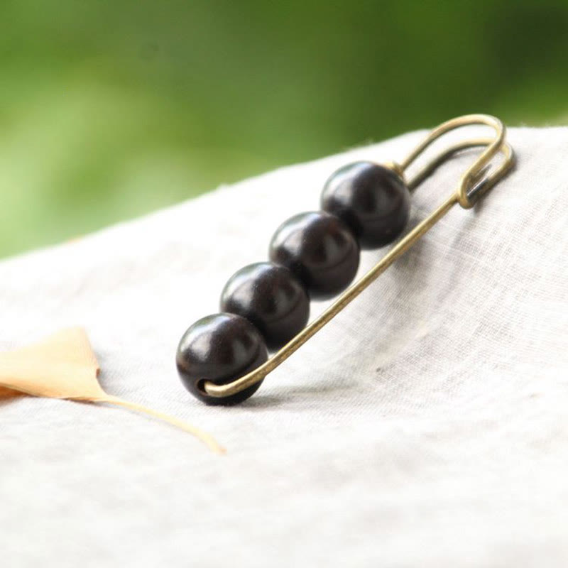 Buddha Stones Broche de guérison vintage en bois de santal, perles d'ébène, agathis alba, peltogyne