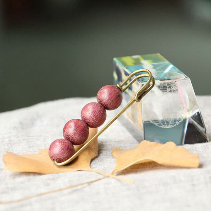Buddha Stones Broche de guérison vintage en bois de santal, perles d'ébène, agathis alba, peltogyne