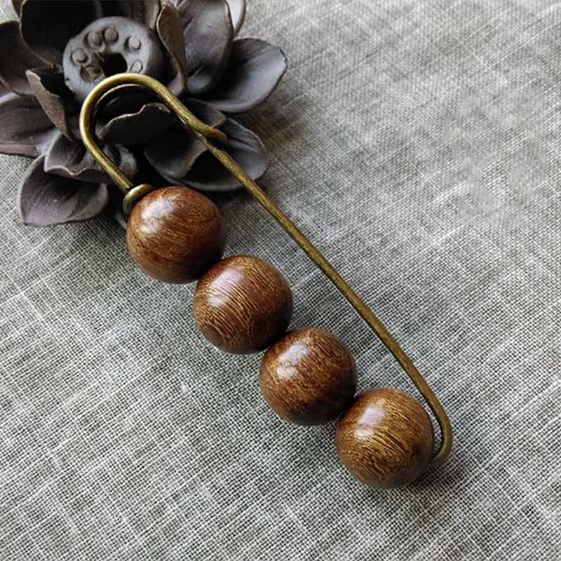 Buddha Stones Broche de guérison vintage en bois de santal, perles d'ébène, agathis alba, peltogyne