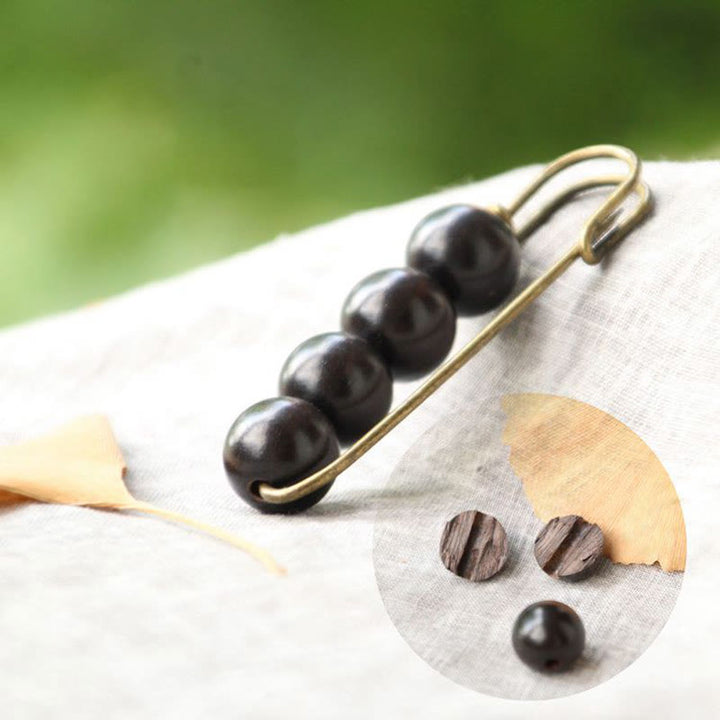 Buddha Stones Broche de guérison vintage en bois de santal, perles d'ébène, agathis alba, peltogyne