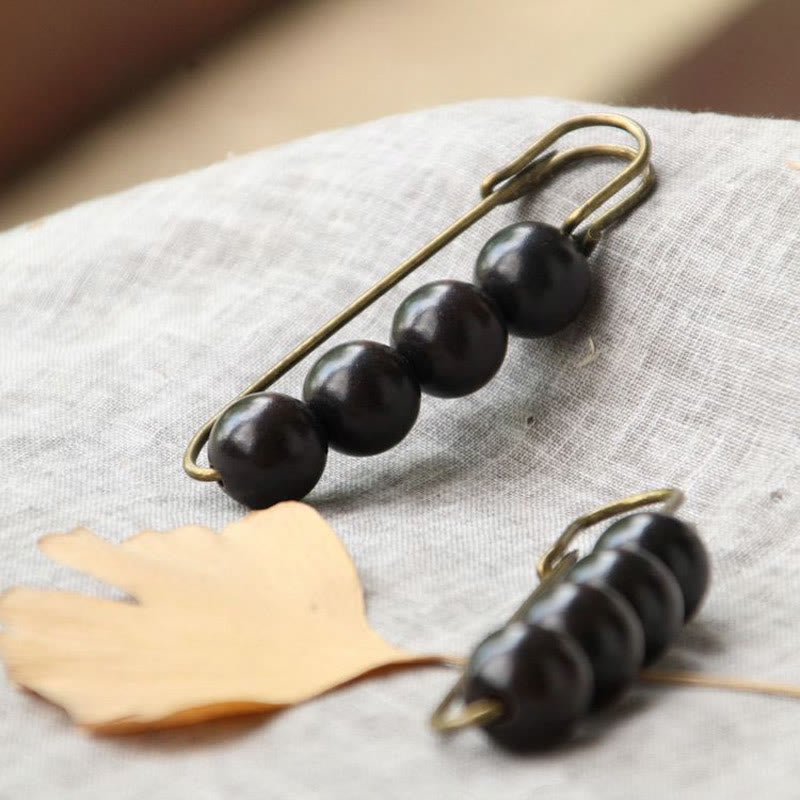 Buddha Stones Broche de guérison vintage en bois de santal, perles d'ébène, agathis alba, peltogyne