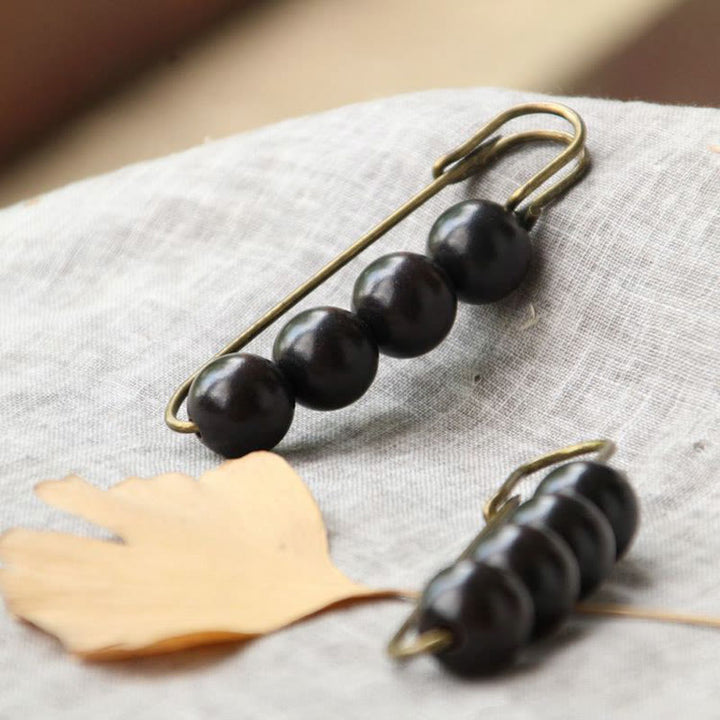 Buddha Stones Broche de guérison vintage en bois de santal, perles d'ébène, agathis alba, peltogyne