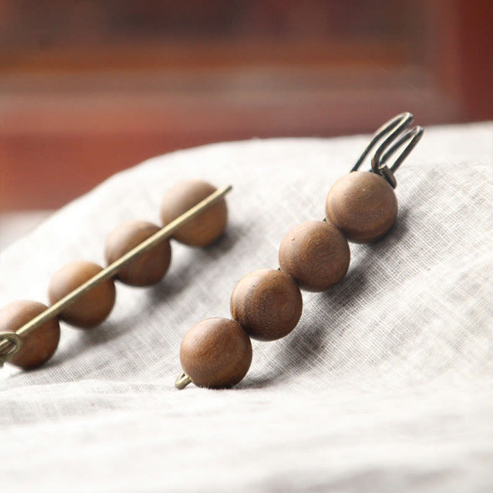 Buddha Stones Broche de guérison vintage en bois de santal, perles d'ébène, agathis alba, peltogyne