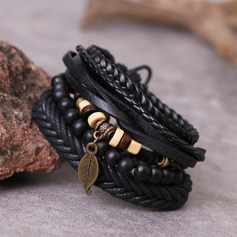 Ensemble de bracelets courageux en cuir torsadé multicouches avec feuilles et Buddha Stones
