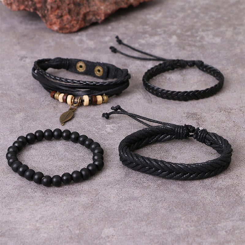 Ensemble de bracelets courageux en cuir torsadé multicouches avec feuilles et Buddha Stones