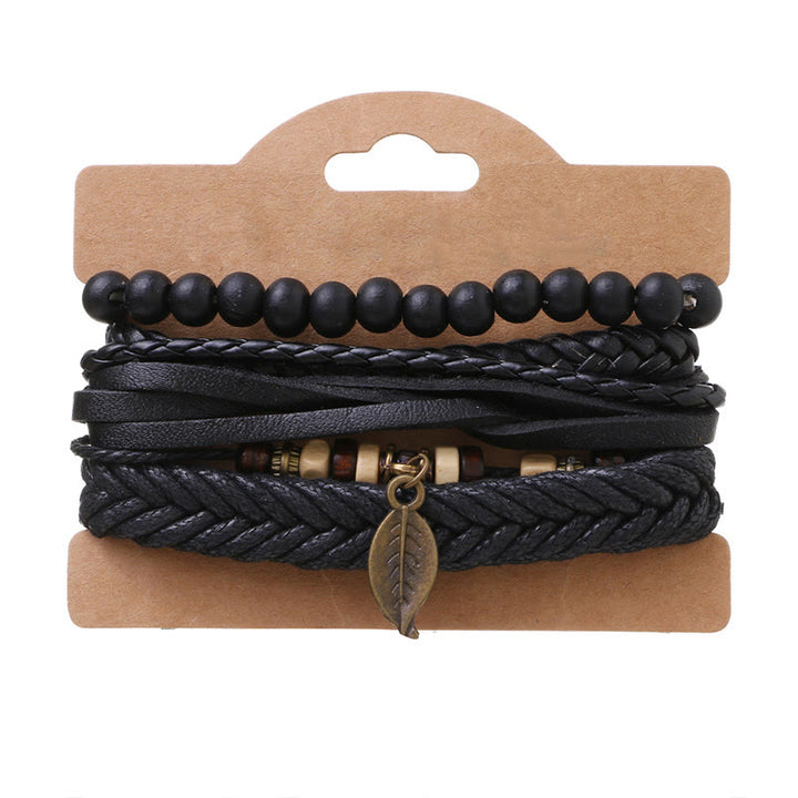 Ensemble de bracelets courageux en cuir torsadé multicouches avec feuilles et Buddha Stones