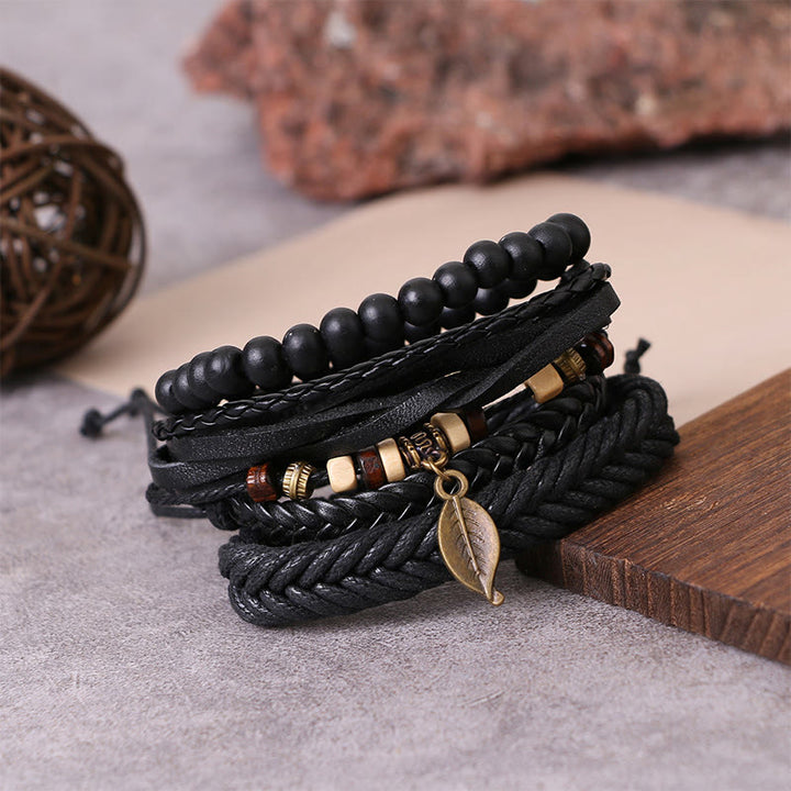 Ensemble de bracelets courageux en cuir torsadé multicouches avec feuilles et Buddha Stones