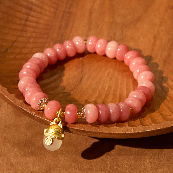 Bracelet de guérison en perles de chat porte-bonheur en jade cyan et quartz fraise de Buddha Stones - image 4