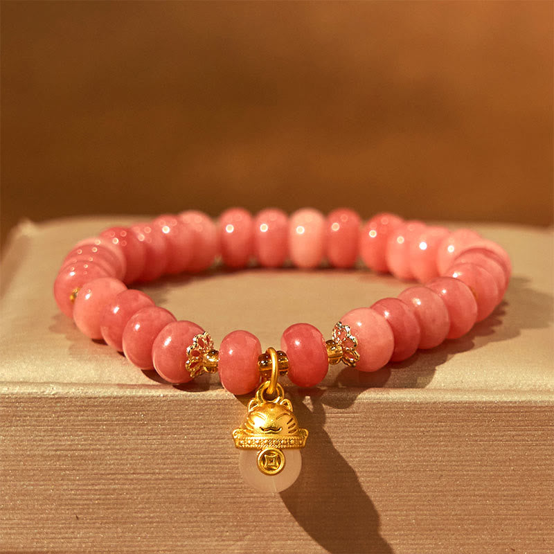 Bracelet de guérison en perles de chat porte-bonheur en jade cyan et quartz fraise de Buddha Stones - Quartz fraise (tour de poignet : 15-16 cm) - image 1