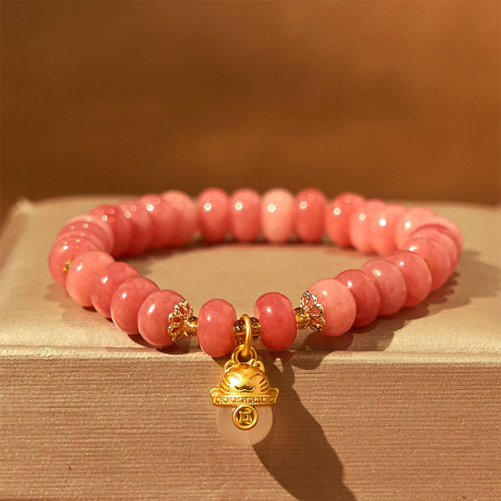 Bracelet de guérison en perles de chat porte-bonheur en jade cyan et quartz fraise de Buddha Stones - Quartz fraise (tour de poignet : 15-16 cm) - image 1