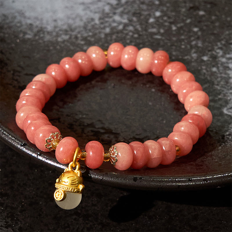 Bracelet de guérison en perles de chat porte-bonheur en jade cyan et quartz fraise de Buddha Stones - image 2