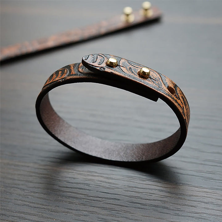 Bracelet d'équilibre à boucle réglable en cuir imprimé vintage Buddha Stones